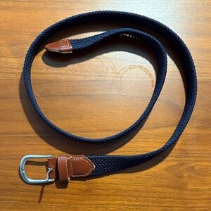 J. Crew Navy Braided Stretch Belt with Brown Leather Trim and Silver Buckle